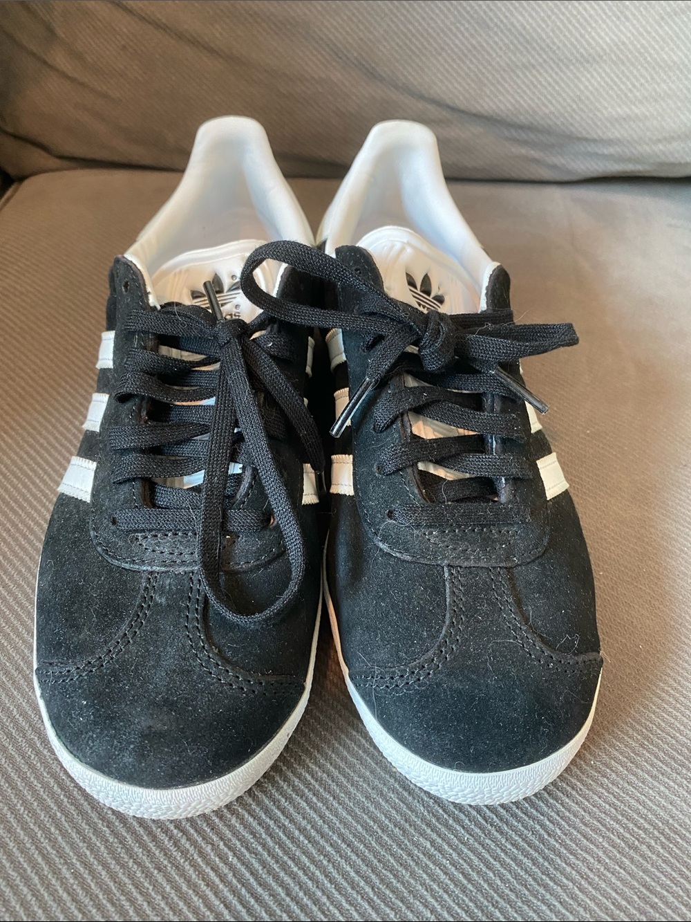 adidas Black Suede Sneakers with White Stripes and Soles